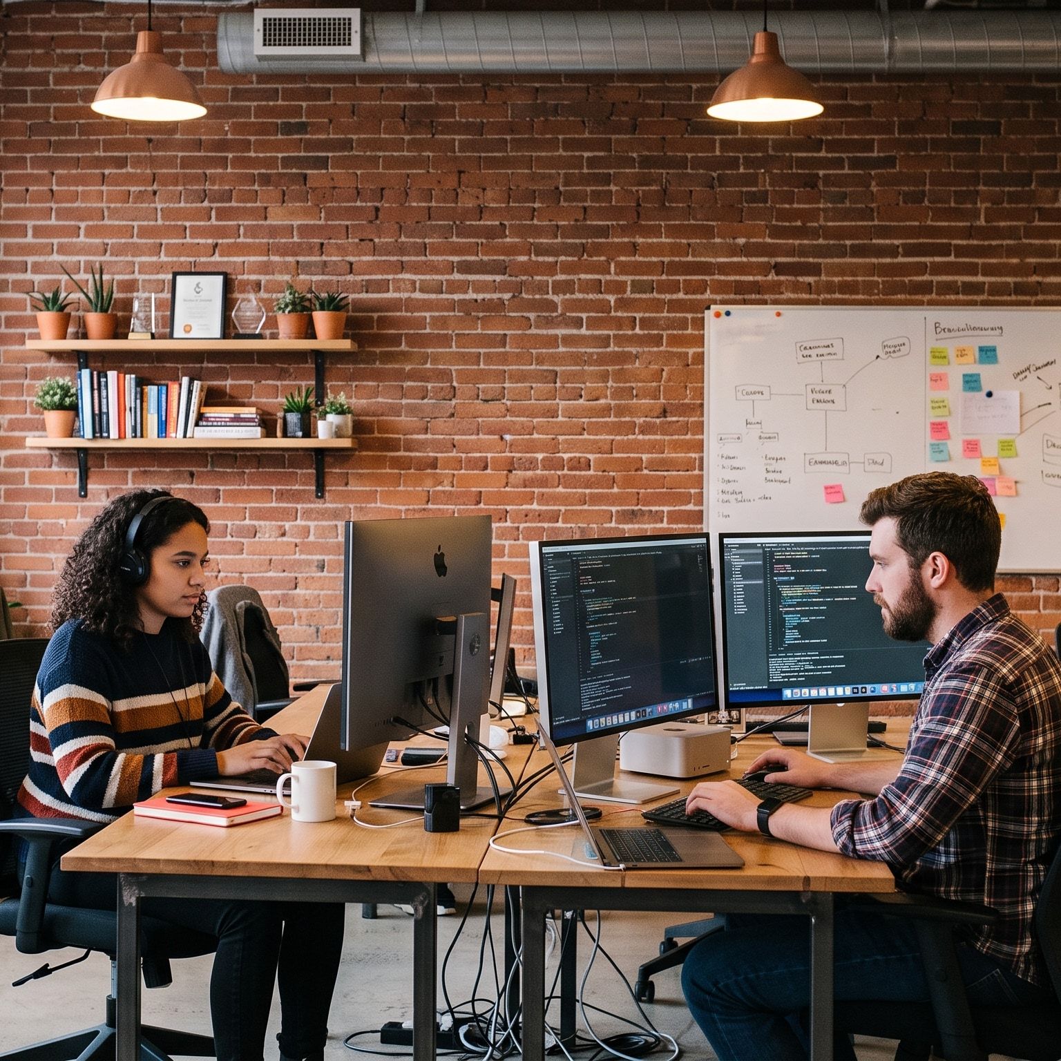 Two founders working at a shared desk in a brick-walled studio